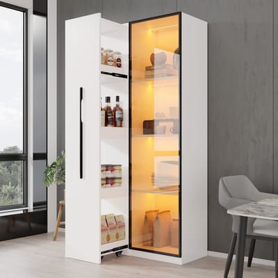 Multifunctionele kast 70x40x160cm - boekenkast en vitrine met deuren van gehard glas - met zwenkwielen en LED-verlichting