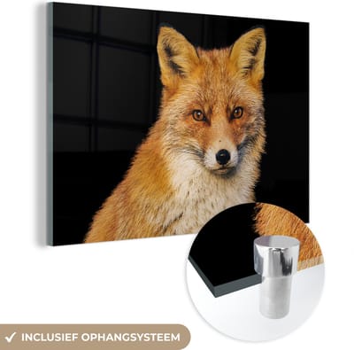 MuchoWow® Glasschilderij 60x40 cm - Schilderij acrylglas - Vos - Rood - Zwart - Foto op glas - Schilderijen