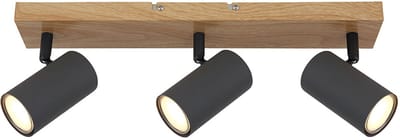 Plafondlamp 3 spots 3 vlammen GU10 3 vlammen, draaibaar, metaal houtlook grafiet, 3x GU10, LxBxH 41x6x12 cm