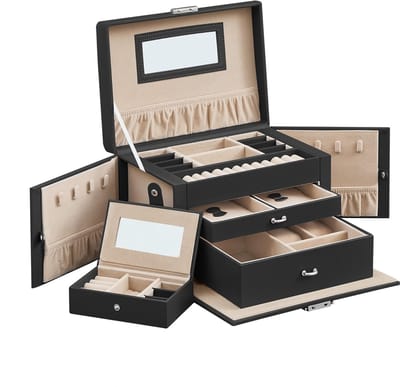 Sieradenkist Dubbele Lade Organizer Draagbare Reismake-updoos 26×17×18 cm zwart Met Spiegel en Vergrendelbaar Ontwerp Grote Capaciteit met Meerdere Vakken Fluwelen Binnenvoering Geschikt voor Ringen/Armbanden/Oorbellen/Kettingen