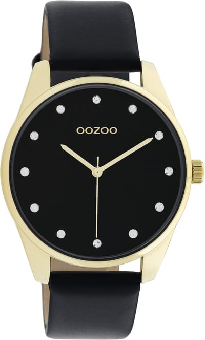 OOZOO Timepieces - Goudkleurige horloge met zwarte leren band - C11049