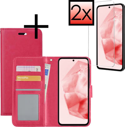 Hoesje - Met 2x Screenprotector - Geschikt voor Samsung Galaxy A35 - Luxe Pasjeshouder - Bookcase Portemonee - Flip Case - Kunstleer Book Case - Flipcase Hoes - Book Cover - Walletcase - Portemonneehoes - Donkerroze