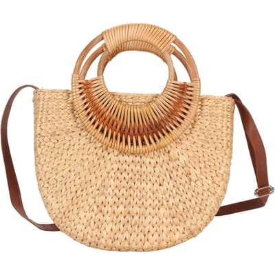 Sac en Rotin pour Femmes Mode Rétro Petit Sac Bandoulière en Paille Tissé à la Main Sac Pochette pour la Plage beige