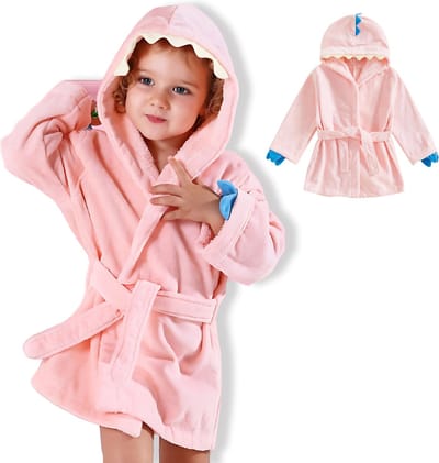 BoefieBoef Roze Dinosaurus Baby Badjas Kinderen 1-3 Jaar – Zachte Katoenen Kleuter Ochtendjas met Capuchon – Absorberende Handdoek Badcape – Warme Peuter Badjas voor Waterpret, Na Bad & Zwemles – Jongens & Meisjes – Perfect Cadeau in 4 Kleuren!
