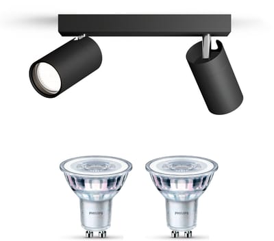 Philips Idris Opbouwspot voor Badkamer (Zwart) - Badkamerlamp - Warmwit Licht - Plafondspot met 2 Lichtpunten - GU10 - SceneSwitch - Eenvoudig Dimbaar met Je Klassieke Schakelaar