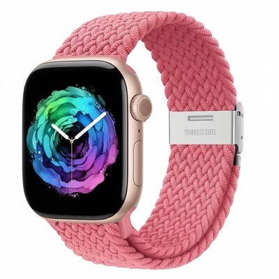 Helder roze nylon horlogebandje geschikt voor Apple Watch dames en heren 38 mm / 40 mm / 41 mm / 42 mm (serie 10 / 11), elastisch smartwatch bandje zonder gesp, gevlochten stretch vervangend horloge bandje