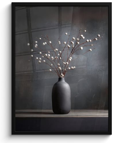 Poster in lijst - Fotolijst 60x80 cm - Posters - Takken - Vaas - Bolletjes - Wit - Posterlijst zwart - Decoratie - Wanddecoratie woonkamer - Muurdecoratie slaapkamer