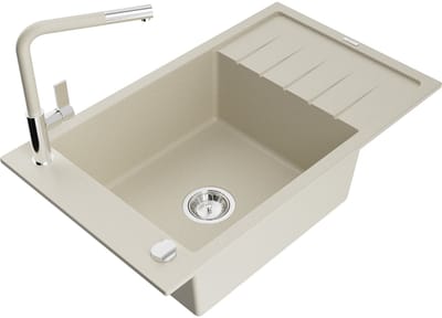 Mexen Elias granieten gootsteen 1-komorige met druiprek en keukenkraan Flora, beige - 6511-69-670401-09