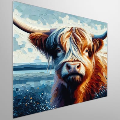 Olieverf schotse hooglander schilderij | Prachtig geschilderd portret van majestueuze Schotse hooglander in olieverf | Kunst - 50x50 centimeter op Dibond | Foto op Dibond