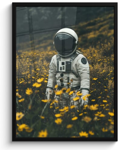 Poster in lijst - Fotolijst 60x80 cm - Posters - Astronaut - Bloemen - Veld - Geel - Posterlijst zwart - Decoratie - Wanddecoratie woonkamer - Muurdecoratie slaapkamer