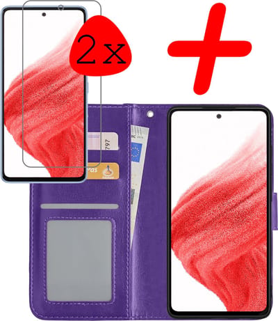 Hoesje Met 2x Screenprotector - Geschikt voor Samsung Galaxy A53 - Luxe Pasjeshouder - Bookcase Portemonee - Flip Case - Kunstleer Book Case - Flipcase Hoes - Book Cover - Walletcase - Portemonneehoes - Paars