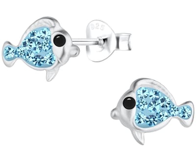 Joy|S - Zilveren vis oorbellen - 9 x 8 mm - zilver met blauw kristal