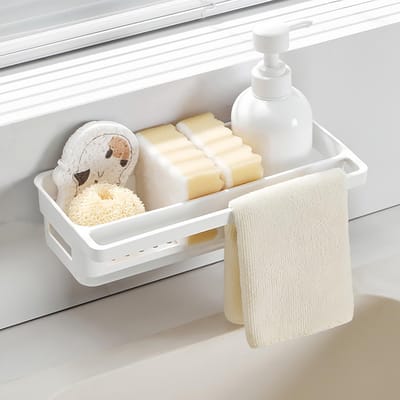 Organizer voor gootsteen, zonder boren, witte sponshouder voor gootsteen, hangbaar, zonder boren, wandrek voor keuken