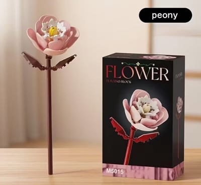 Bouwbloem – Creatieve Bloemdecoratie van Bouwsteentjes – Pioenroos - Uniek Cadeau voor Kinderen & Volwassenen
