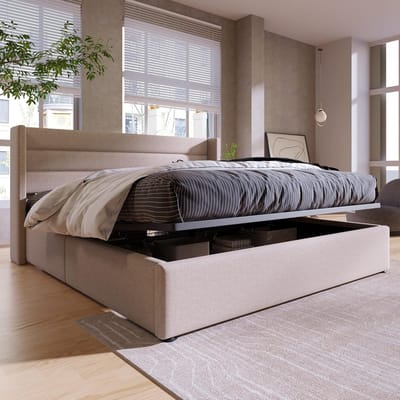 Luxe Gestoffeerd Opbergbed met Hydraulische Lattenbodem en Grote Opbergruimte 180x200 cm - Tweepersoons Bedframe in Linnen Beige, Inclusief Stevig Lattenframe (Zonder Matras)