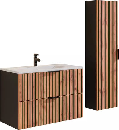 Vente-unique Geribbeld badkamermeubel met inbouwwastafel en kolomkast - Licht naturel en zwart - 80 cm - MADELA