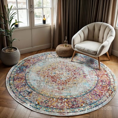 Picasso Keshan Vintage Rond Vloerkleed Multi / Beige Laagpolig- 200 CM Ø