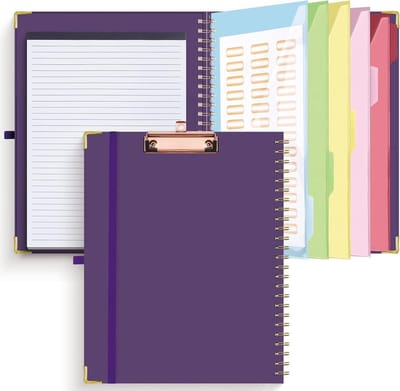 Clipboard Map met Vervangbaar Gevoerd Notitieblok, Spiral Clipboard Folio met 5 Opbergvakken, Portfolio Organizer A4 Clip voor Kantoor en School, Donkerpaars