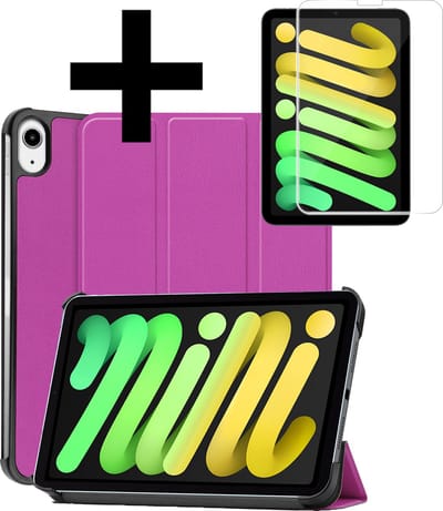 Hoes - Geschikt voor Apple iPad Mini 7 (2024) - 8.3 inch - 7e Generatie - Met Screenprotector - Trifold Bookcase - Hard Cover - Hardcover Book Case - Tablet Hoesje - Paars