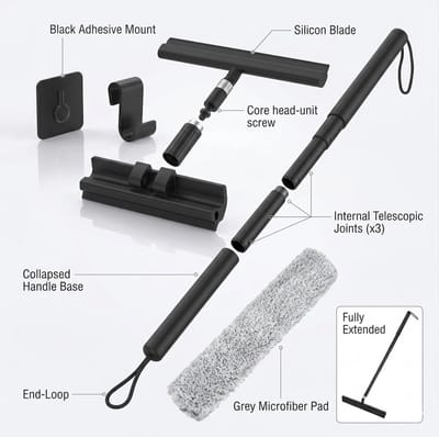 Douchetrekker met lange steel 30-140 cm, Apritsce siliconen raamtrekker, zwarte onderkant, watertrekker voor badkamer, ramen en vloerreiniging Met Kajal Sticker
