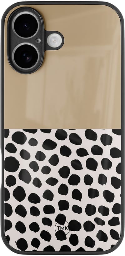 Hoesje geschikt voor Apple iPhone 16 - Brown dots abstract - Bruin - TPU luxe case (glossy toplaag) - Geometrisch patroon - Hardcase backcover zwart