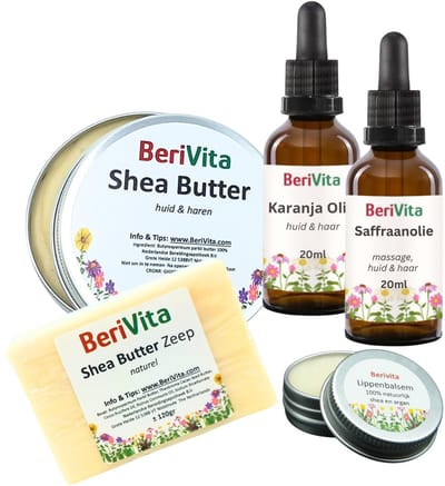 Winter Herfst Huidverzorging Set - 100% Natuurlijk - Lippenzalf 15ml, Shea Butter 100ml, Saffraanolie 20ml, Shea Butter Zeep, Karanja Olie 20ml