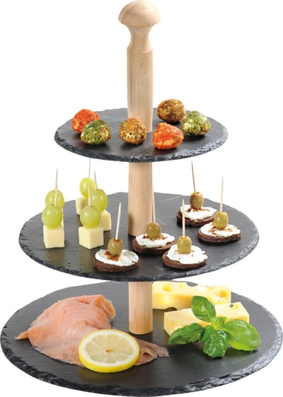 Kesper Etagere - 3-laags - bamboe en leisteen - 30 x 34 cm - High Tea serveerplateau - Tapas kaasplankje/borrelplankje
