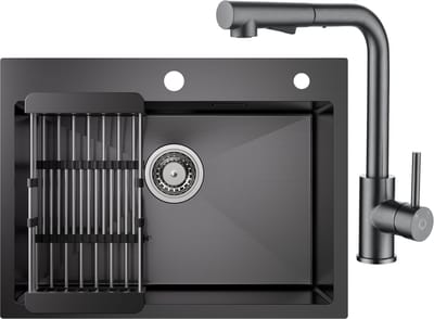 CECIPA max Spoelbak Antraciet RVS (60x45CM) - Spoelbak Keuken Met Keukenkraan Met Uittrekbare Uitloop - Spoelbakken Keuken Met Afdruiprek - Met Kraangat - Gootsteen Met Afdruiprek