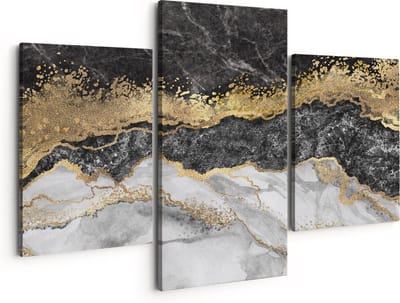 Artaza Canvas Schilderij Drieluik Abstracte Kunst - Zwart met Witte Marmer - 150x120 - Groot - Foto Op Canvas - Canvas Print