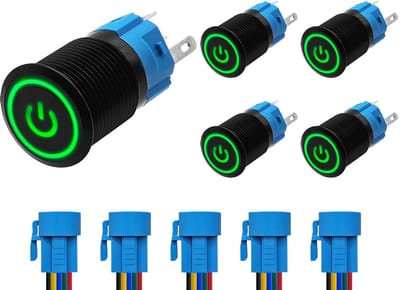 ProRide Drukschakelaar ON-OFF 12V/24V - 16mm Metaal - Waterdicht - LED Groen - Met Kabels - 5 stuks