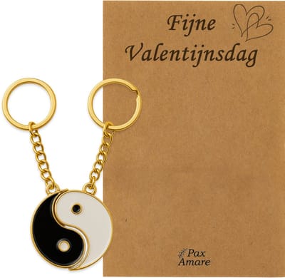 Koppel Sleutelhanger voor 2 'Fijne Valentijnsdag' - Magnetische Yin Yang - Sleutelhanger set op Cadeau Kaartje - Goudkleurig - Vriendschap of Relatie Symbool - Pax Amare