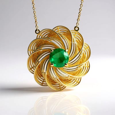 Cavill - 9K Geelgoud Halsketting - 1,17 ct Zambiaanse Smaragd Ronde Slijpsel - Bloemvormige Hanger - Luxe Elegant Handgemaakt Sieraad