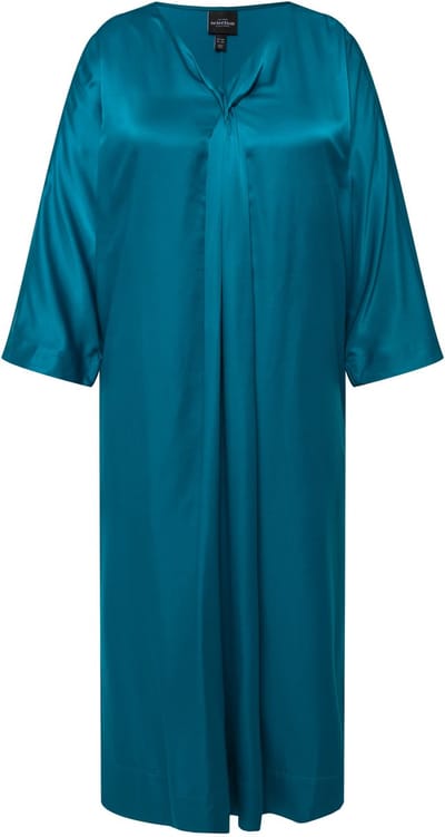 Ulla Popken - Dames - midi jurk satijn V-hals korte mouwen zakken - Petrol - Maat 46+