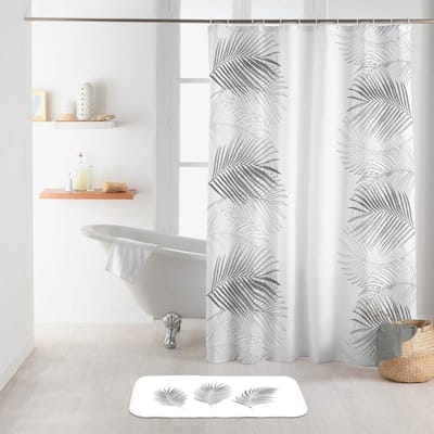 Douchergordijn Wit/Zilver Bedrukt Polyester incl. Haken (180 x 200 cm)