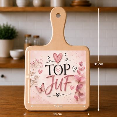 Kaasplank met Tegel Top Juf – Bedankcadeau voor Juf – Houten Serveerplank 18x31 cm met Tegel 15x15 cm – Cadeau Einde Schooljaar