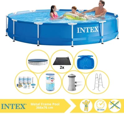Intex Rond Frame Zwembad - 366 x 76 cm - Blauw - Inclusief Afdekzeil - Onderhoudspakket - Zwembadfilterpomp - Filter - Solar Mat - Ladder - Voetenbad - 8-delig