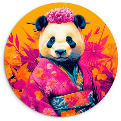 WallCircle® Wandcirkel 120x120 cm - Muurcirkel Kimono - Roze - Panda - Bloemenkroon - Muurdecoratie woonkamer - Wanddecoratie slaapkamer - Kamer decoratie accessoires - Ronde schilderijen XXL