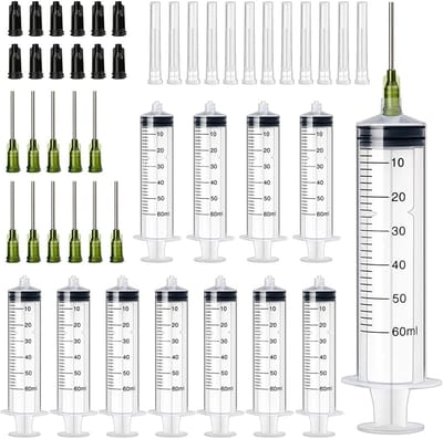 Dailygoods- Plastic Spuiten 60ml - 12 Stuks - Doseerspuit met Meting - Wegwerpspuit met Stompe Naald - Kunststof Spuit voor Huisdieren - Geschikt voor Doe-het-zelf Landbouw