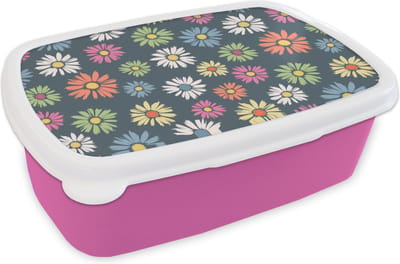 Broodtrommel Roze - Lunchbox - Brooddoos - Regenboog - Design - Bloemen - Flora - 18x12x6 cm - Kinderen - Meisje