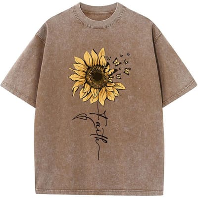 Zonnebloem en vlinder katoenen gewassen T-shirt dames prints tops zomer O-hals oversized T-shirts vintage zwarte dameskleding L brown