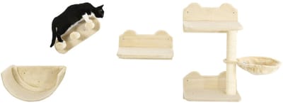 Merax Katten Klimwand Set 4-delig – Wand Krabpaal met Hängmat - Trap en Platform – Kattenmuur Meubel – Beige