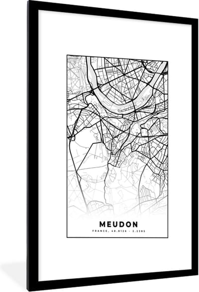 Fotolijst incl. Poster Zwart Wit- Stadskaart - Plattegrond - Kaart - Frankrijk - Meudon - Zwart wit - 60x90 cm - Posterlijst