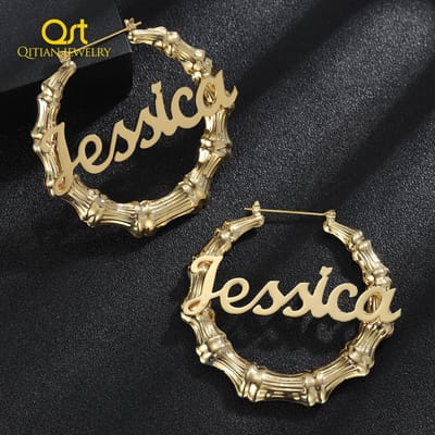 30mm -100mm Aangepaste Bamboe Hoepel Oorbellen Personaliseer Naam Oorbellen Bamboe Stijl Persoonlijkheid Oorbel Met Statement Woorden Hiphop Sexy black