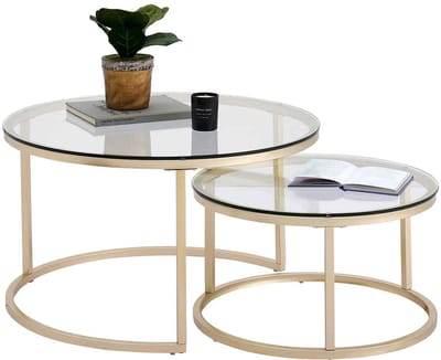 CORE 2-in-1 Bijzettafel - Koffietafel - Salontafel - Gehard glas - Set van 2 ronde tafels - 60x44.5cm & 40x343.5cm - Goud
