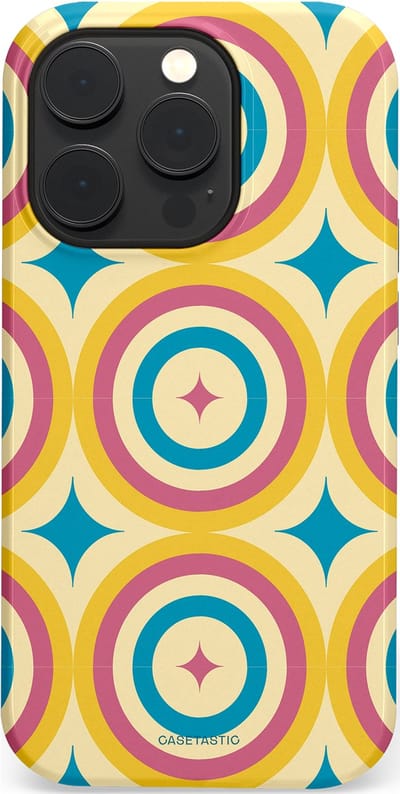 Casetastic hoesje geschikt voor Apple iPhone 14 Pro - MagSafe - Dubbellaagse bescherming - Swinging Retro Boogie Circles - Fashion Case - Crème Goud Lichtblauw Koraal