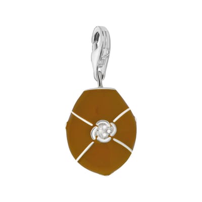 Quiges – 925 - Zilver – Charm - Bedel - Hanger - Bruin Ovaal met Bloem - met – sterling - zilver - karabijnslot - geschikt - voor -Bedelarmband HC152
