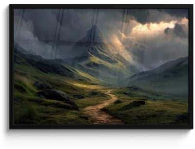 Poster in lijst - Fotolijst 90x60 cm - Posters - Bergen - Kronkelpad - Groen - Wolken - Posterlijst zwart - Decoratie - Wanddecoratie woonkamer - Muurdecoratie slaapkamer