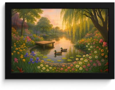 Poster in lijst - Fotolijst 30x20 cm - Posters - Eenden - Vijver - Bloemen - Posterlijst zwart - Decoratie - Wanddecoratie woonkamer - Muurdecoratie slaapkamer