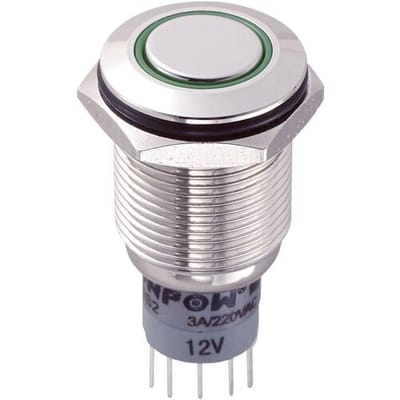 TRU COMPONENTS 701846 LAS2GQF-22ZE/G/12V/N/P Vandalismebestendige drukschakelaar 250 V/AC 3 A 2x aan/aan Continu Groen 1 stuk(s)