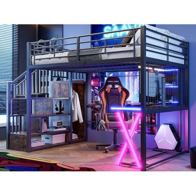 ModernLuxe Hoogslaper 140x200cm met LED - bureau + kledingkast + opbergladder - Zwart